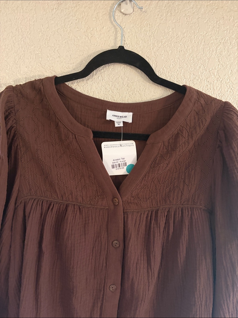 🤎NWT Anniewear “Aniston Top” 💯% Cotton🙌🏻 Button-Down w/Embroidery Chocolate🍫 XL - Picture 7 of 11